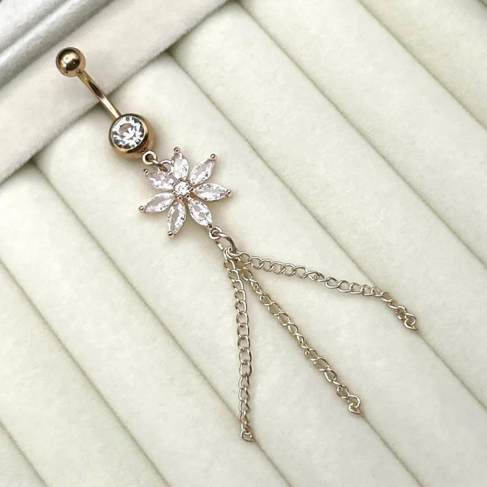 316L Stainless Steel with White Diamond Cubic Zirconia Flower 14G Belly Ring